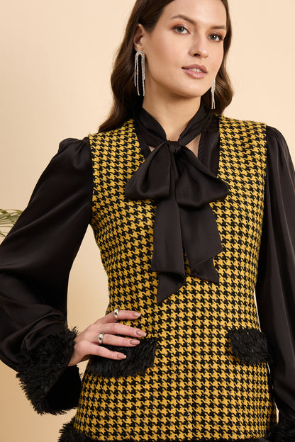 Royal Houndstooth Faux Fur Dress