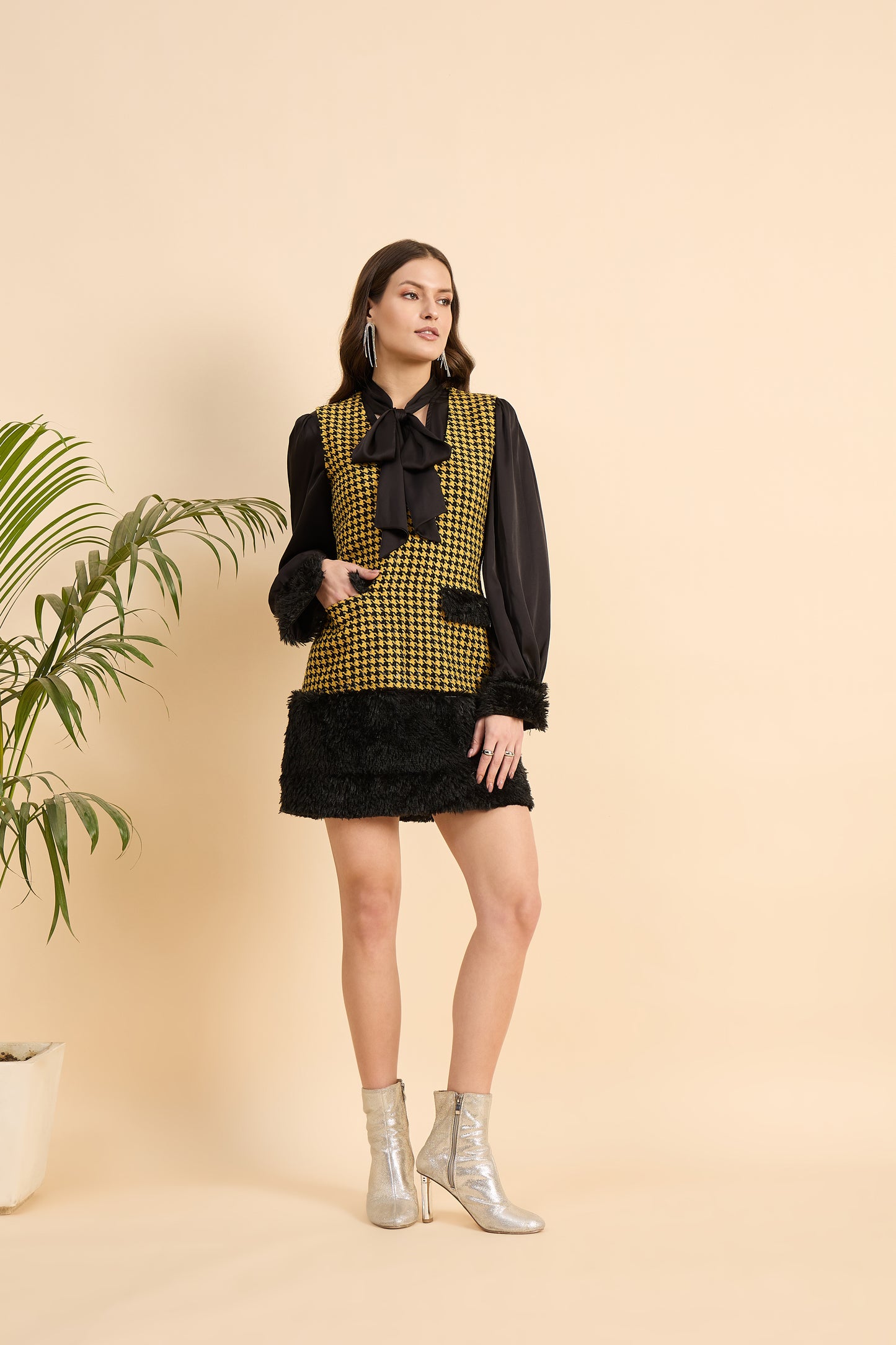 Royal Houndstooth Faux Fur Dress