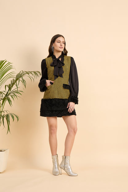 Royal Houndstooth Faux Fur Dress