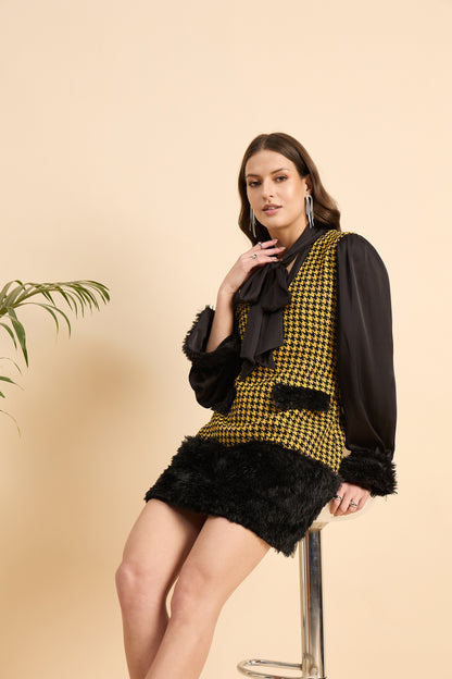 Royal Houndstooth Faux Fur Dress