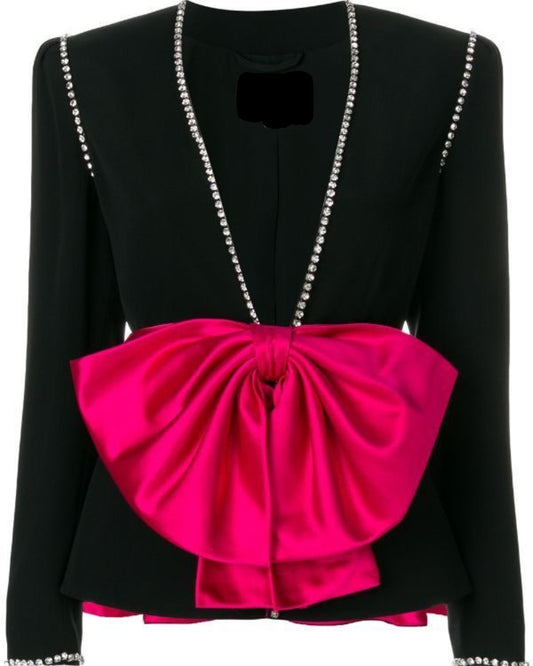 Black Top with Pink Ribbon and Stonework Accents
