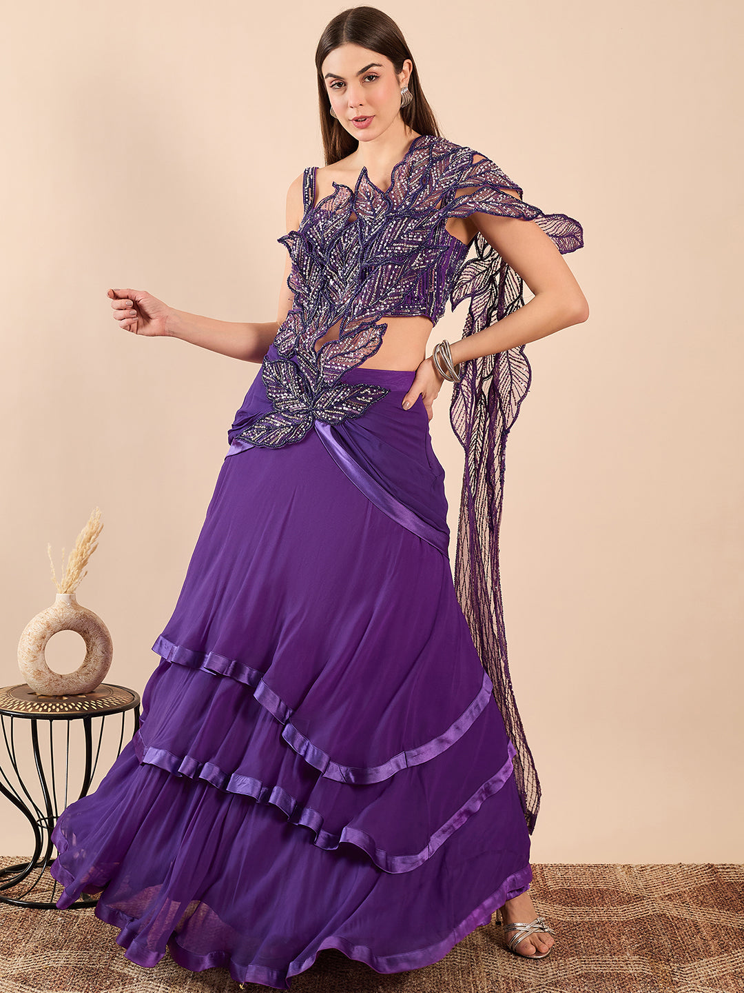 Designer Drape Skirt and Bustier with Cutwork Embroidered Dupatta Detailing Saree