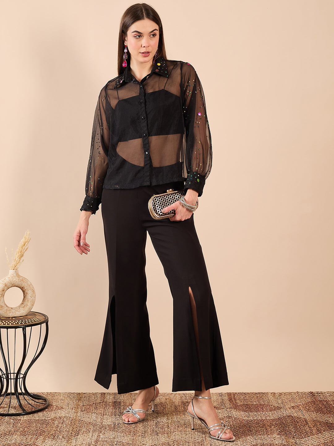 Sheer Black Organza Top and Pants Coord Set