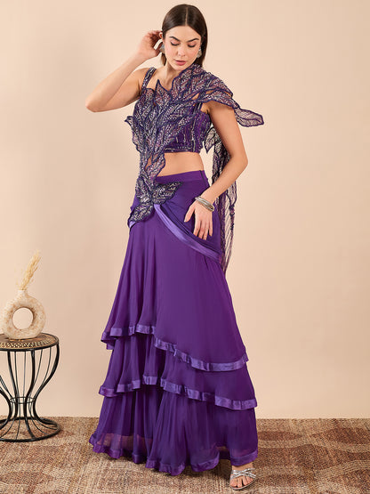 Designer Drape Skirt and Bustier with Cutwork Embroidered Dupatta Detailing Saree