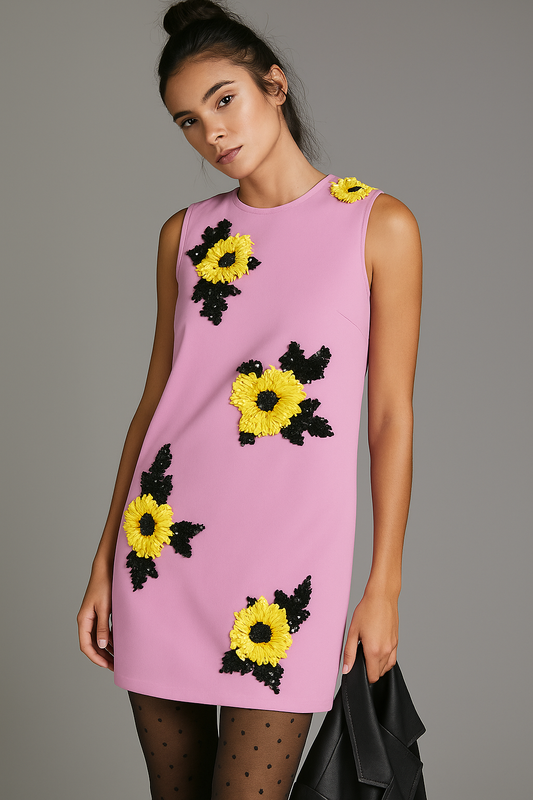 Pink Dress with Yellow and Black 3D Floral Embellishments