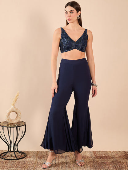 Full-Sleeve Cape with Short Bustier and Flared Pants Coord Set