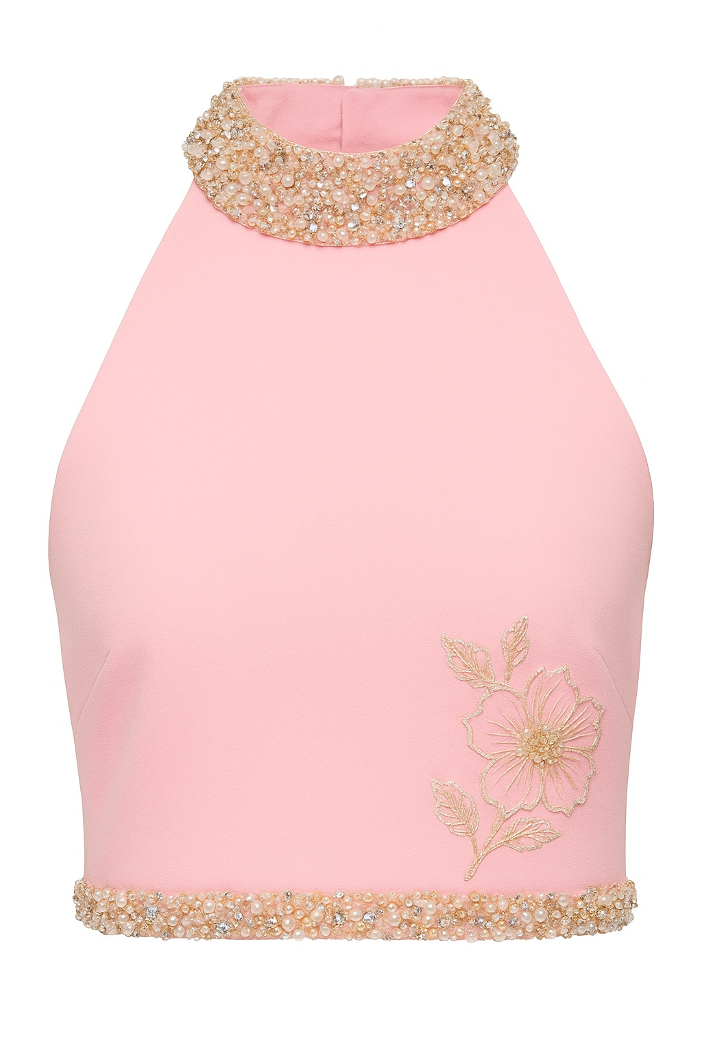 Blush Pink Halter Top with Pearl Embellished Collar