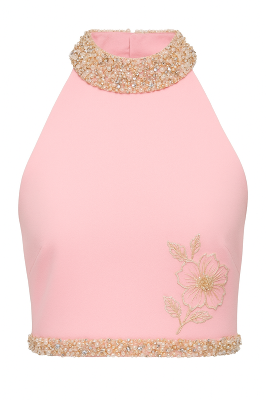 Blush Pink Halter Top with Pearl Embellished Collar