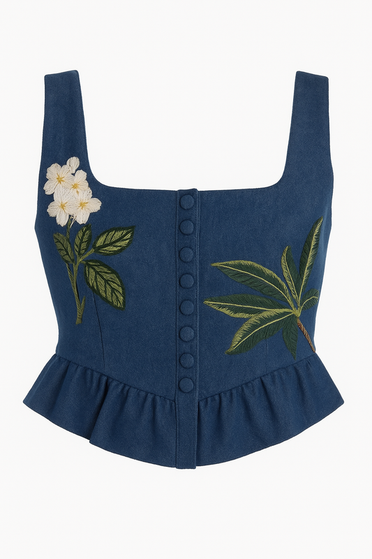 Denim Blue Top with Botanical Embroidery
