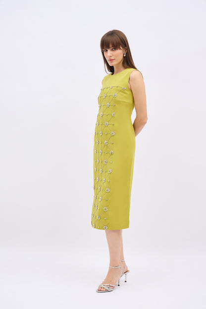 Olive Gleam Embellished Column Dress
