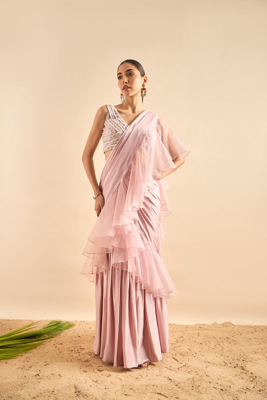 Exquisite Drape Saree with Ruffles and Embellished Bustier