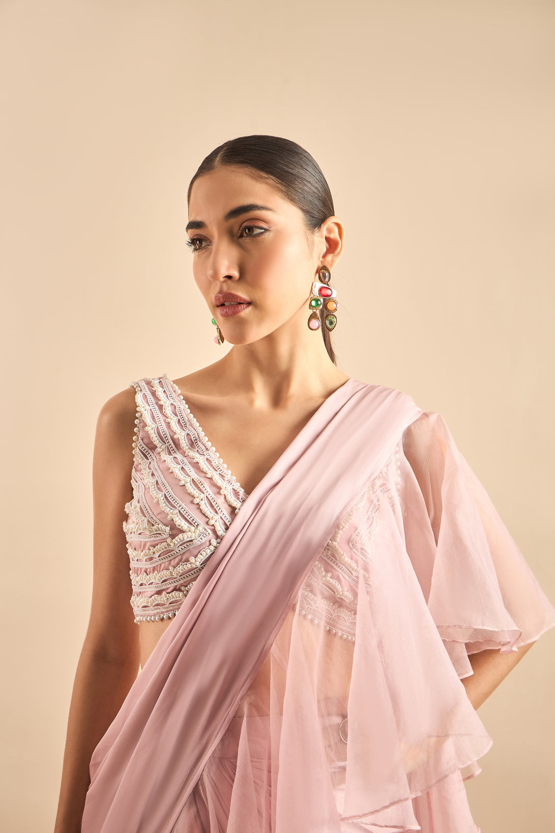 Exquisite Drape Saree with Ruffles and Embellished Bustier