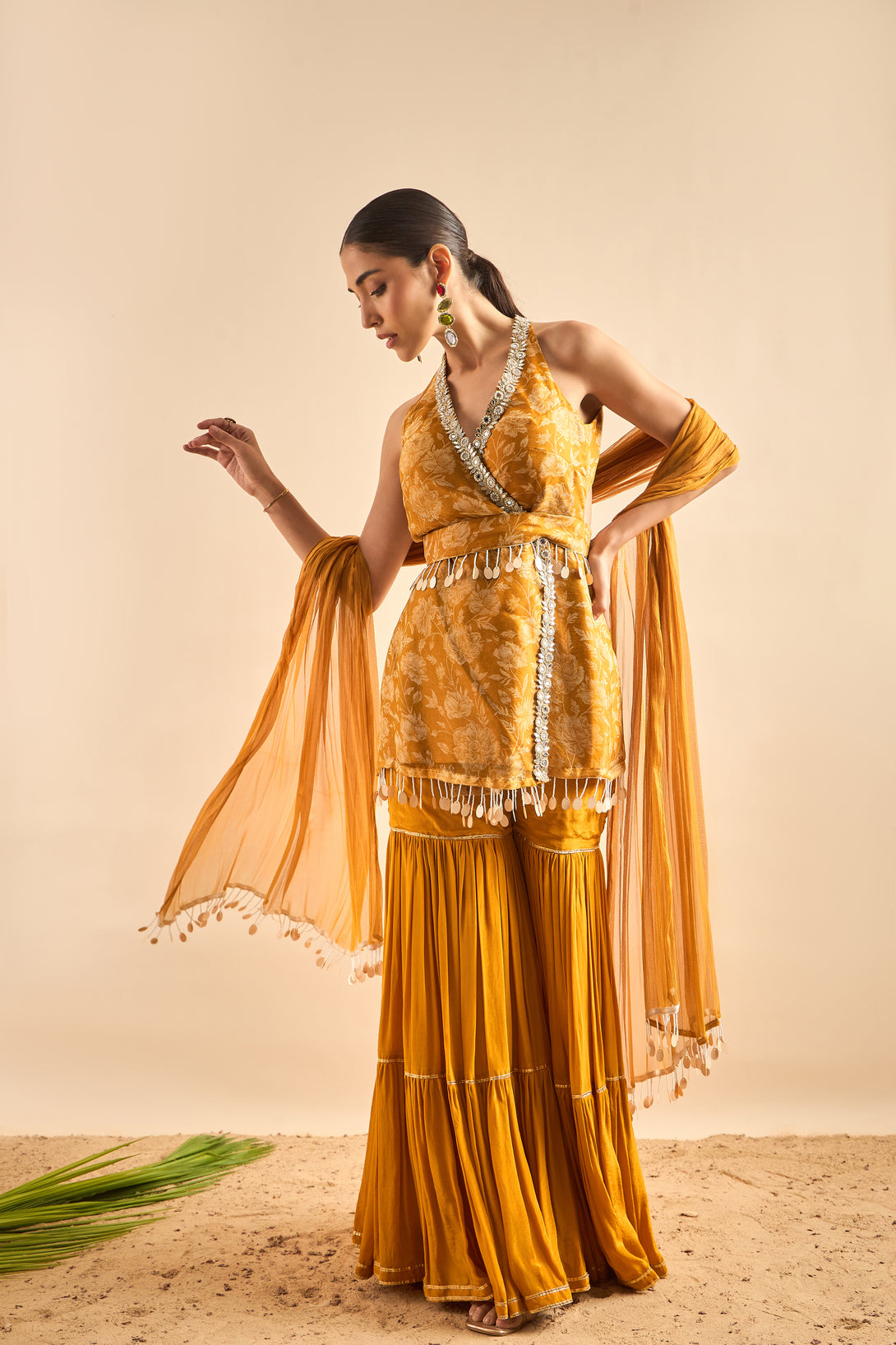 Chic Sharara Set with Halter Neck Kurta and Belted Waist