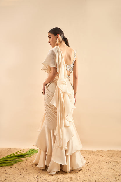 Glamorous Drape Saree with Embellished Blouse and Ruffled Pleats