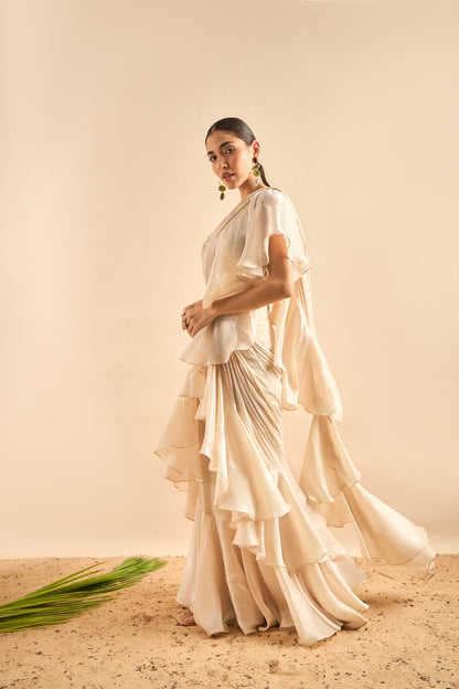 Glamorous Drape Saree with Embellished Blouse and Ruffled Pleats