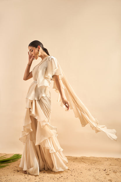 Glamorous Drape Saree with Embellished Blouse and Ruffled Pleats
