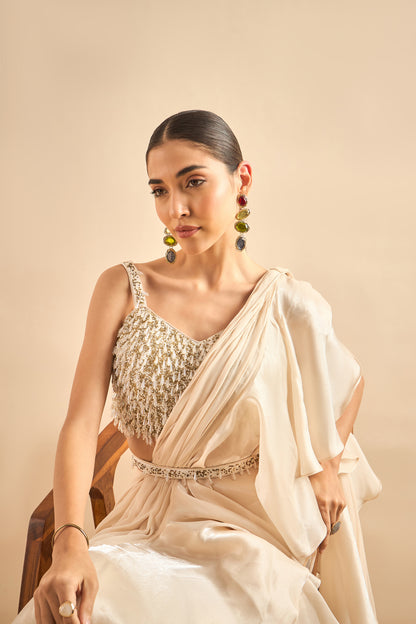 Glamorous Drape Saree with Embellished Blouse and Ruffled Pleats