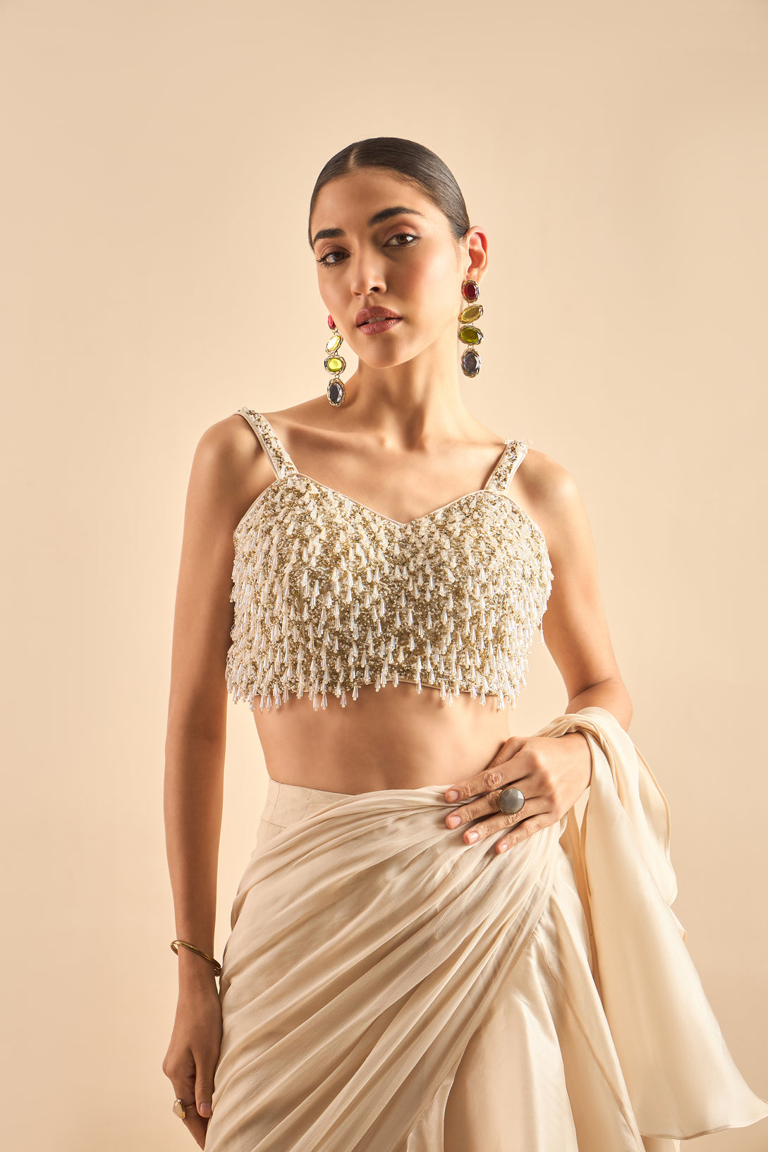 Glamorous Drape Saree with Embellished Blouse and Ruffled Pleats