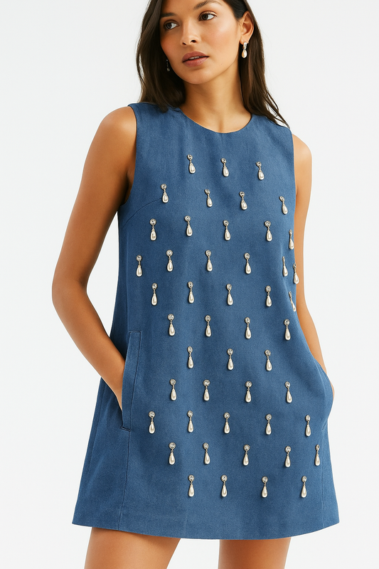 Blue Dress with Pearl Drop Embellishments