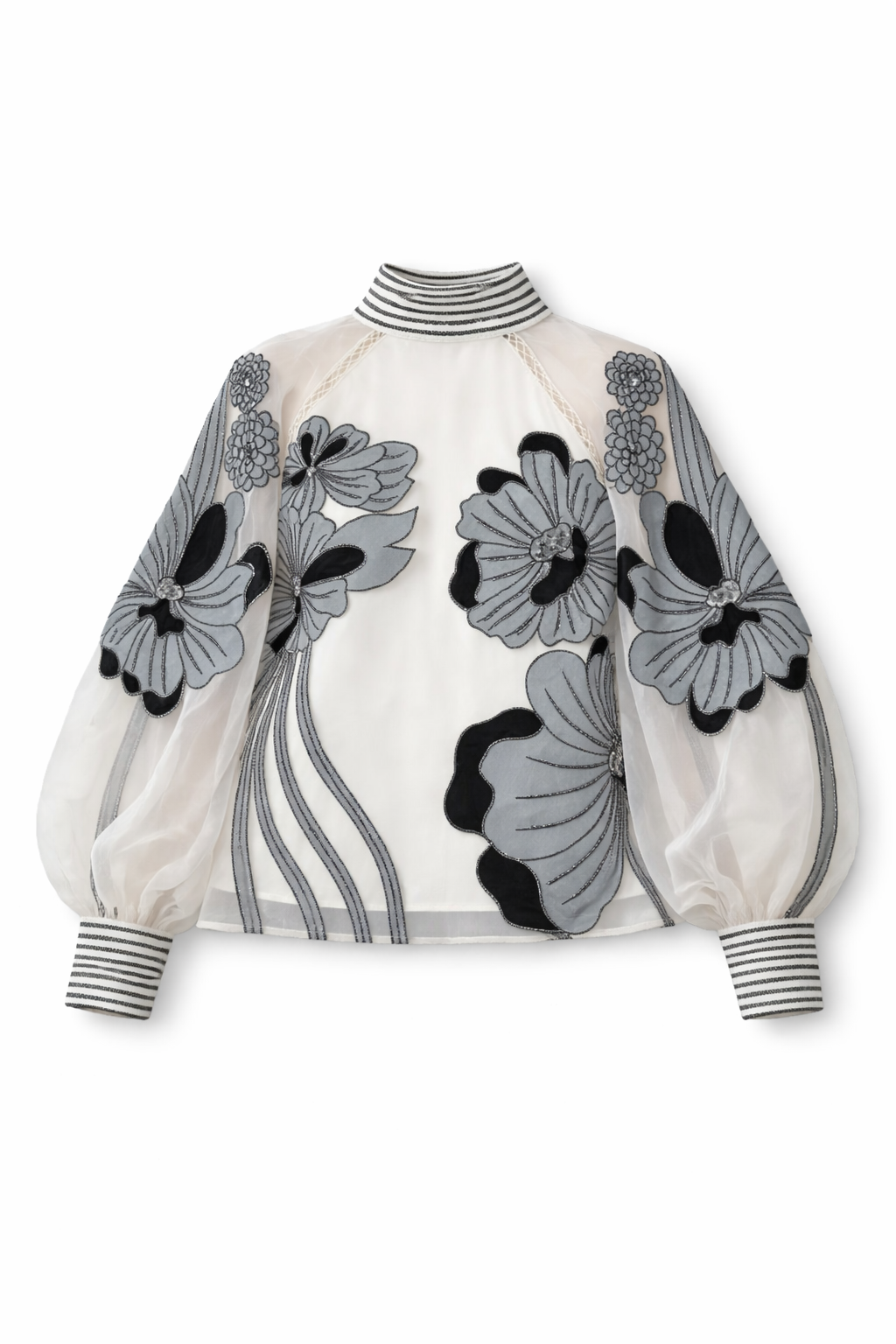 Embroidered Sheer Organza Top with Floral Appliqué - NZT04