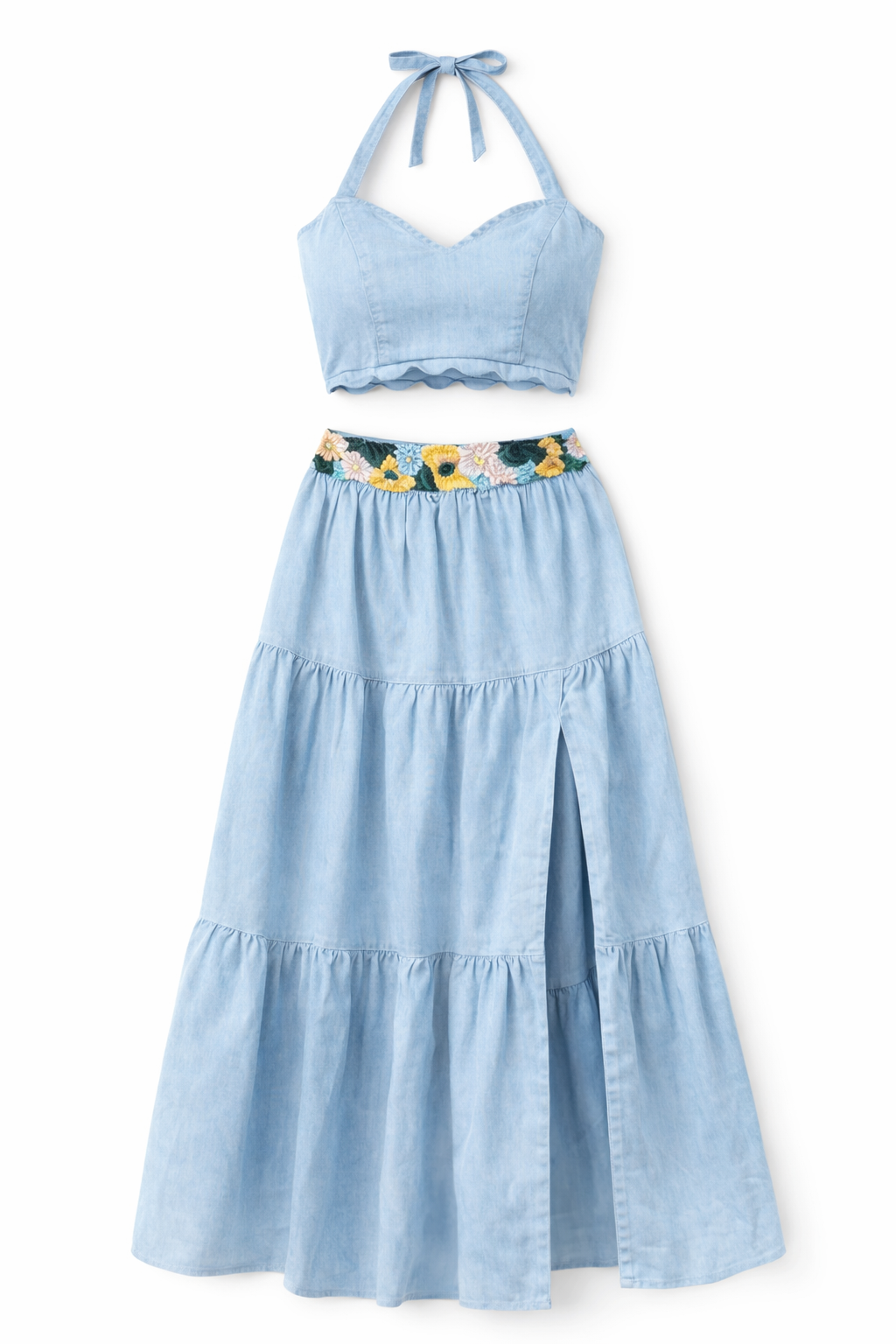 Blue Hand Embroidered Pleated Denim Set - NZC03