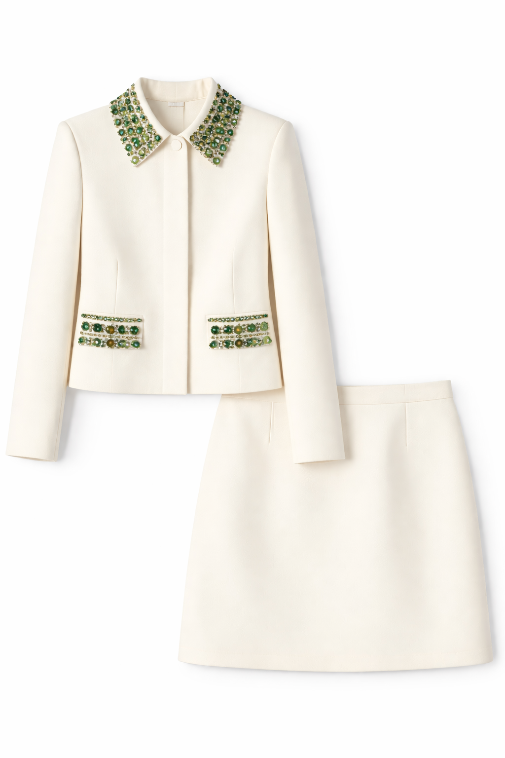 Ivory Embellished Collar Jacket & Shorts Set - NZC33