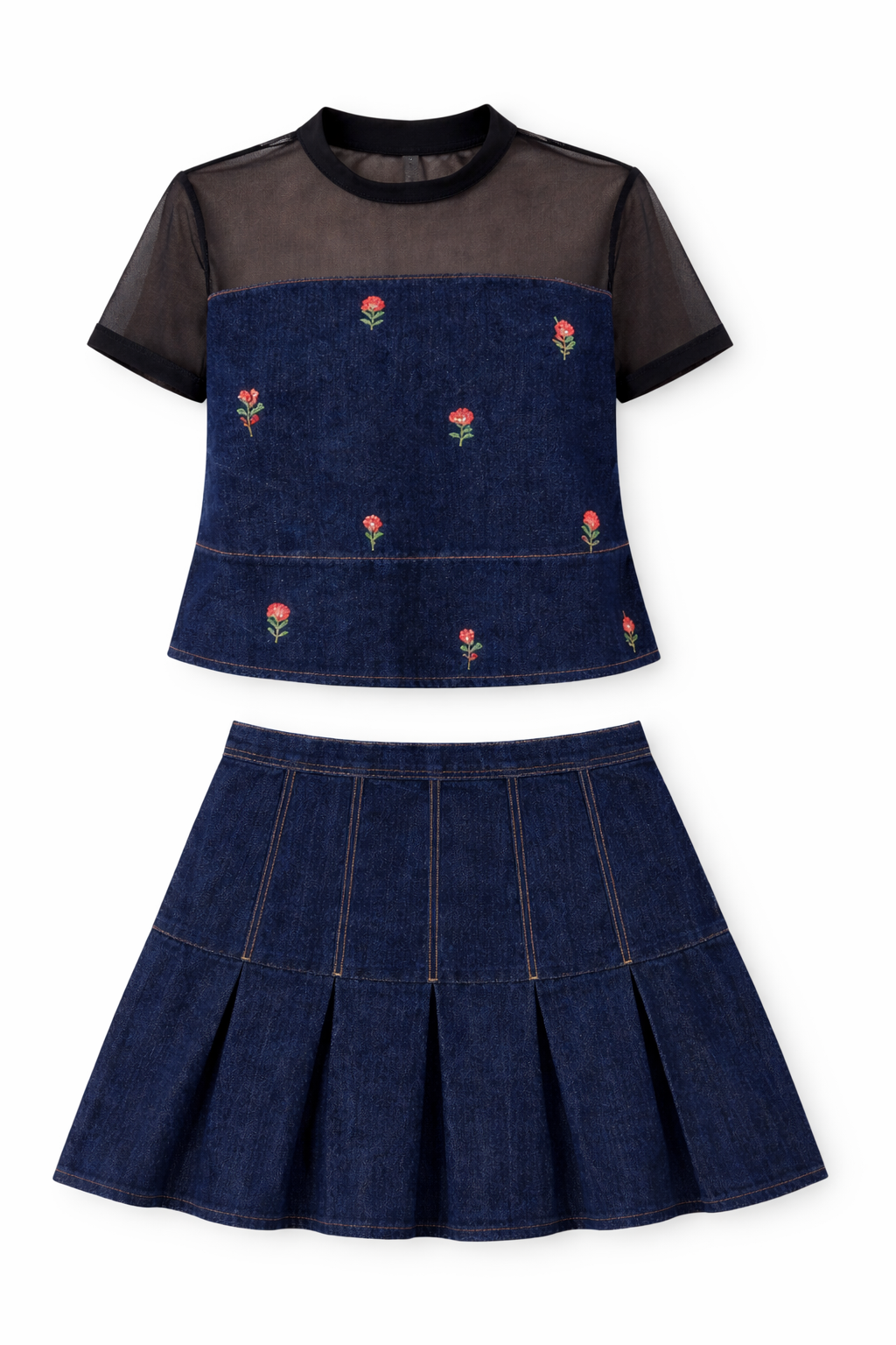 Denim Sheer Yoke Co-Ord Set