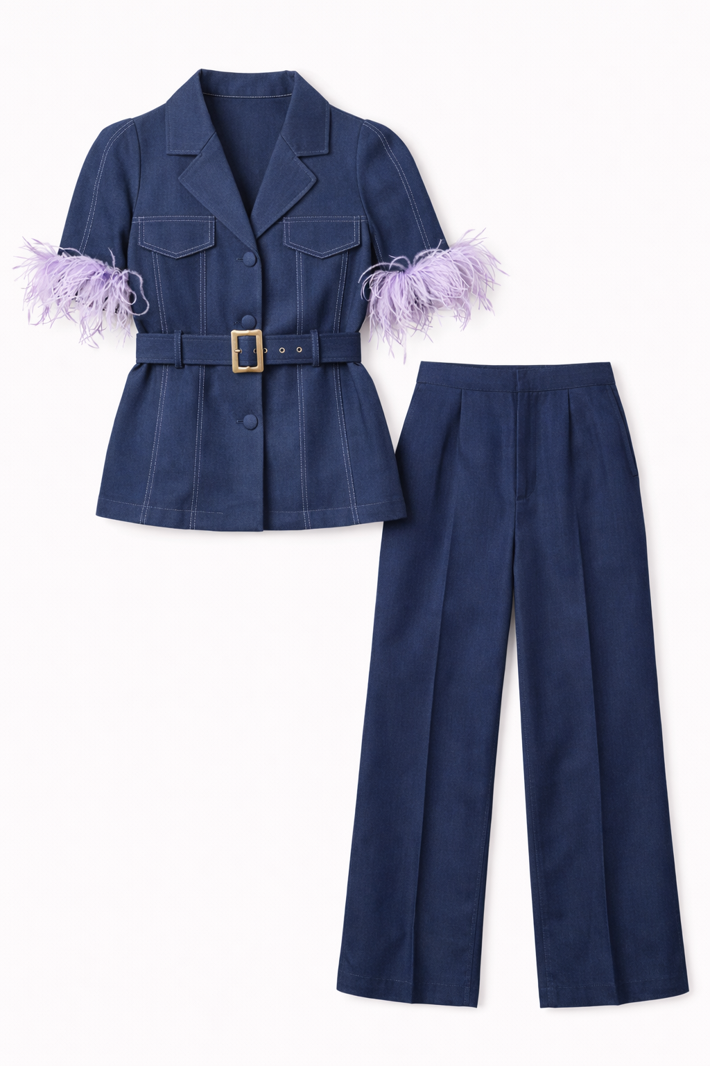 Stylish Denim Coord with Fur Sleeves & Waist Belt - NZC21