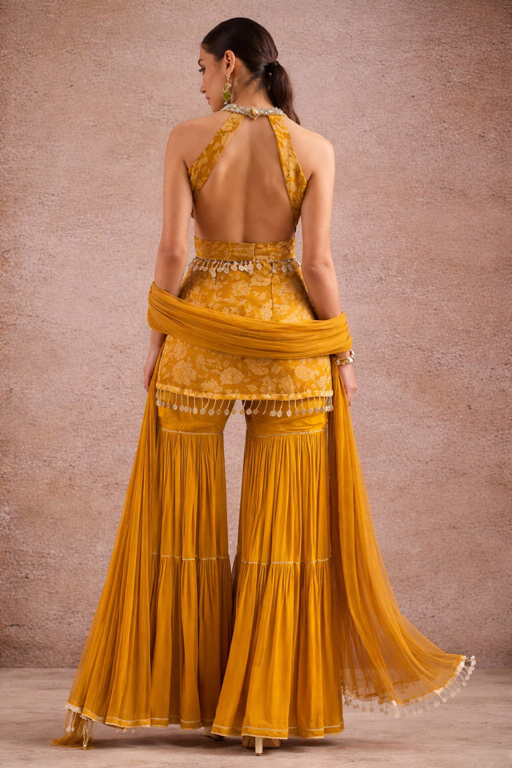 Chic Sharara Set with Halter Neck Kurta and Belted Waist
