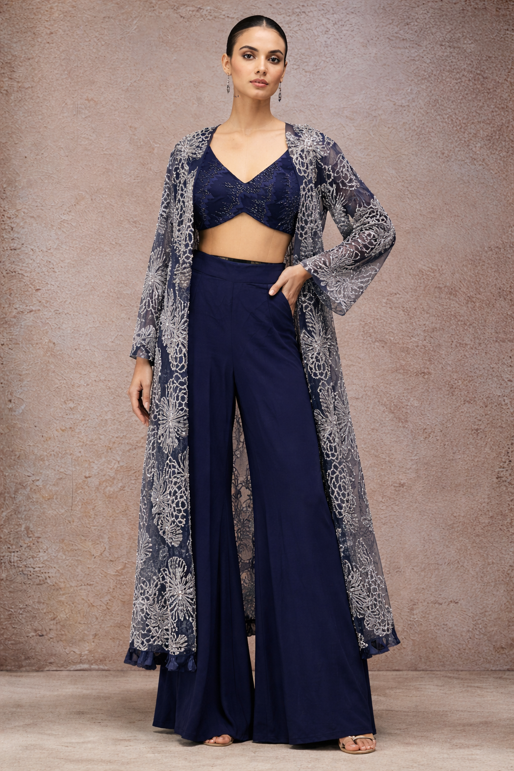 Full-Sleeve Cape with Short Bustier and Flared Pants Coord Set