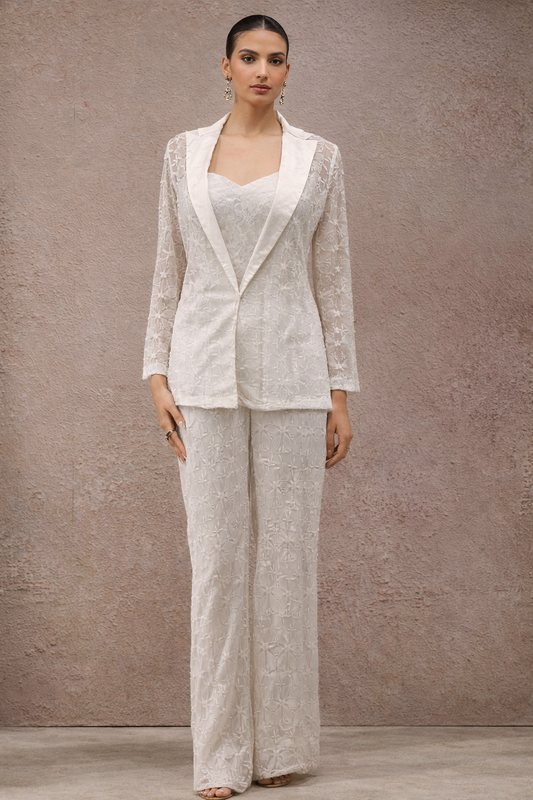 Sophisticated Cutwork Machine Embroidery Blazer and Pants Coord with Bustier - NZC22