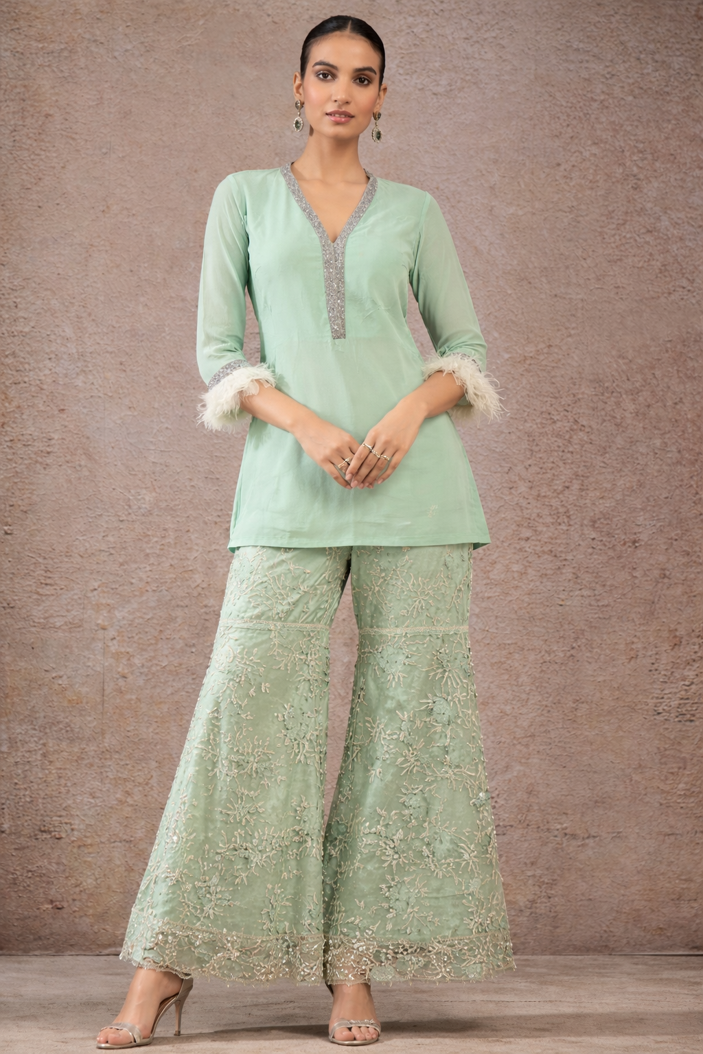 Glamorous Embellished Sharara Coord Set with Peplum Top and Fur Details