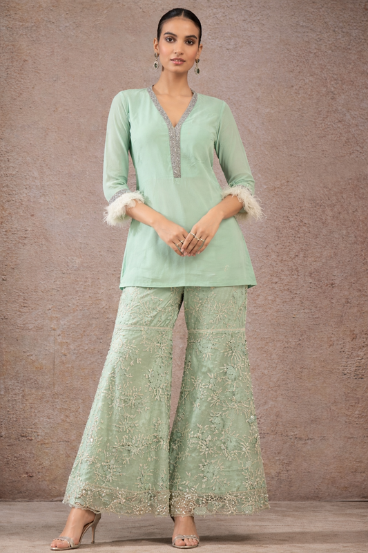 Glamorous Embellished Sharara Coord Set with Peplum Top and Fur Details