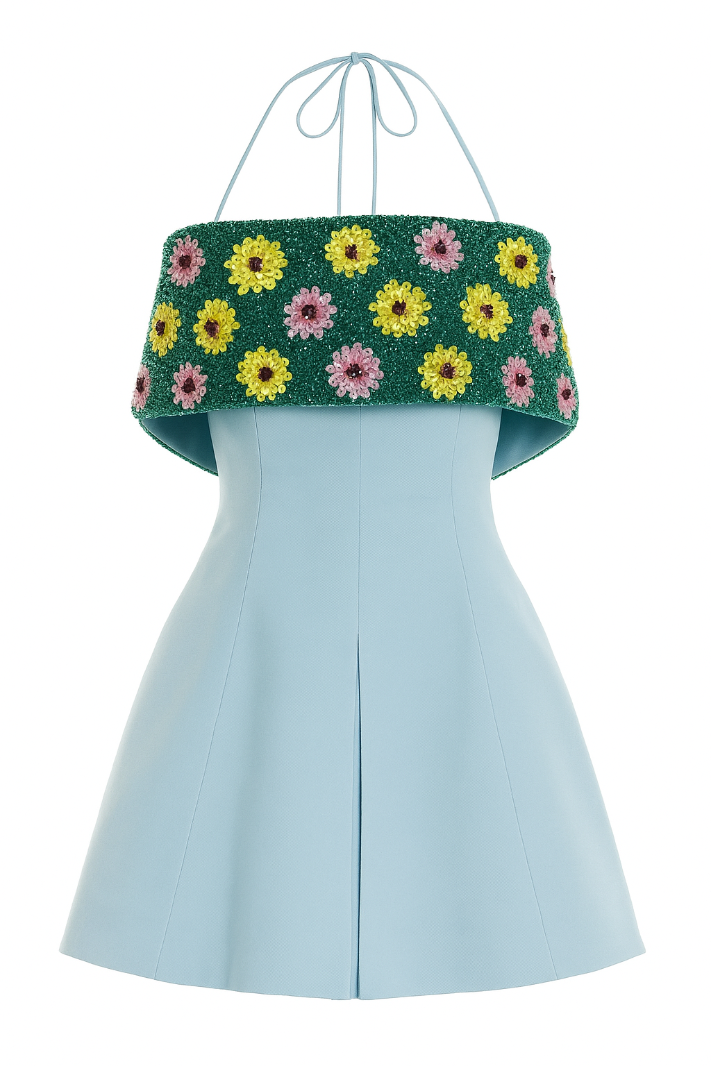 Powder Blue Dress with Embellished Floral Cape Neck