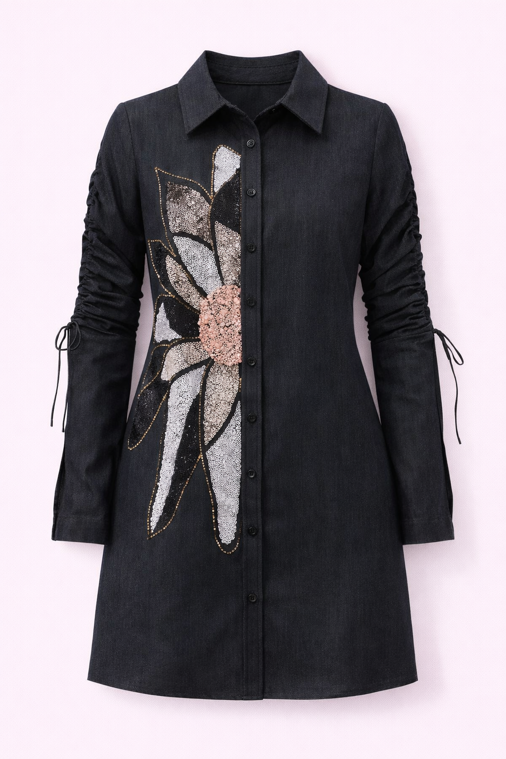 Midnight Bloom Embellished Denim Shirt