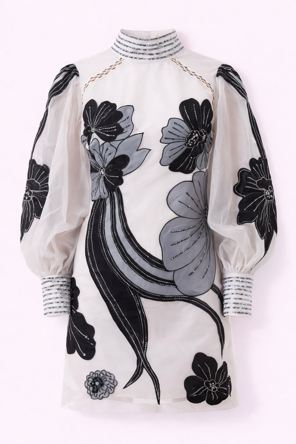 Monochrome Floral Embroidered Sheer Sleeve Dress - NZD25