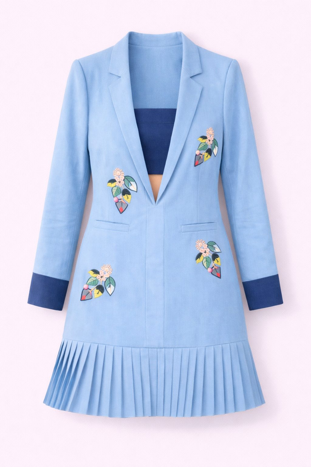 Blue Hand-Embroidered Pleated Denim Dress