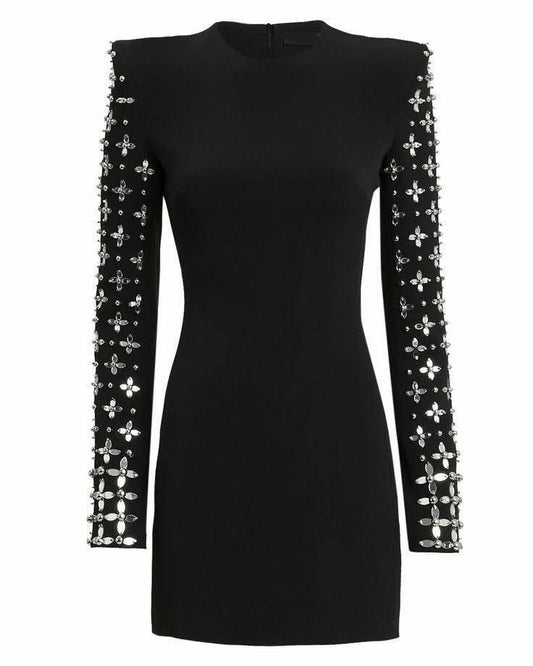 Black Full-Sleeve Dress with Detailed Stonework