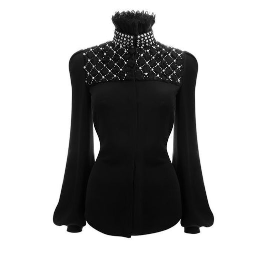 Black Full-Sleeve Top with Stonework Neckline