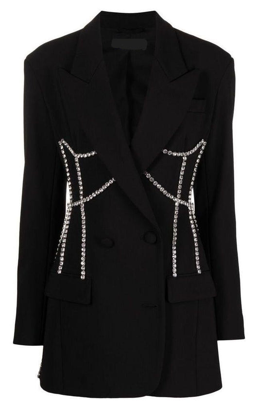 Black Collared Coat Dress with Stonework Detailing