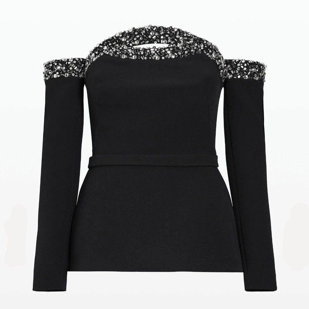 Black Full-Sleeve Off-Shoulder Top with Stonework Detailing on the Neckline