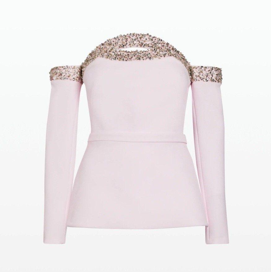 Pink Full-Sleeve Off-Shoulder Top with Stonework on the Neckline