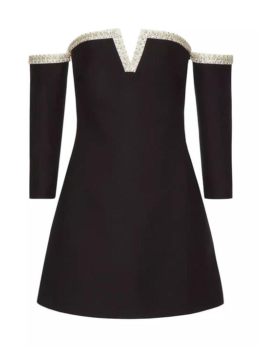 Black Off-Shoulder Dress with Stonework on the Neckline