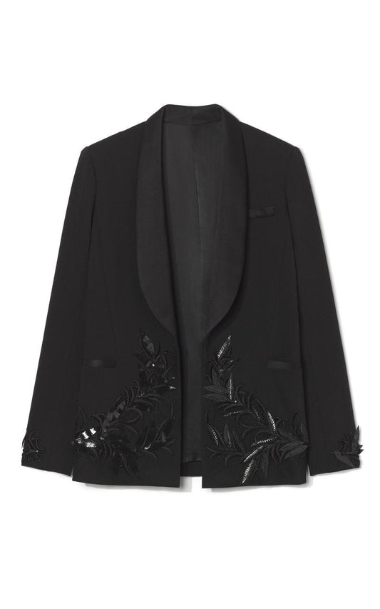 Black Coat with Leaf Embroidery