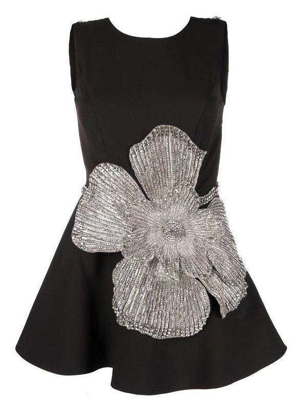 Black Dress with Stonework of a Big Flower