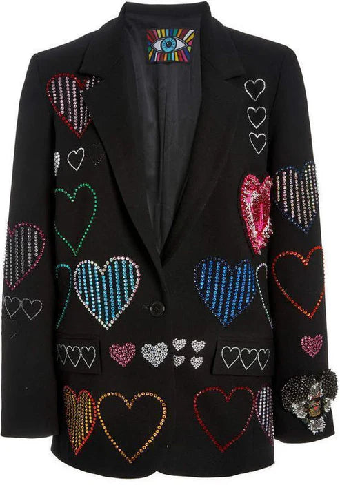 Black Coat with Multicolor Stonework Hearts - NZB03