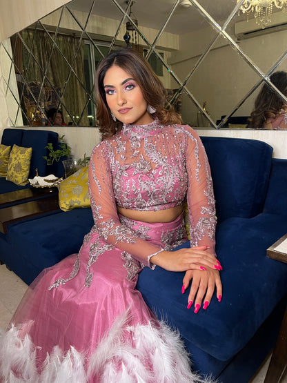 Embroidered Fishcut Skirt &amp; Full-Sleeve Crop Top