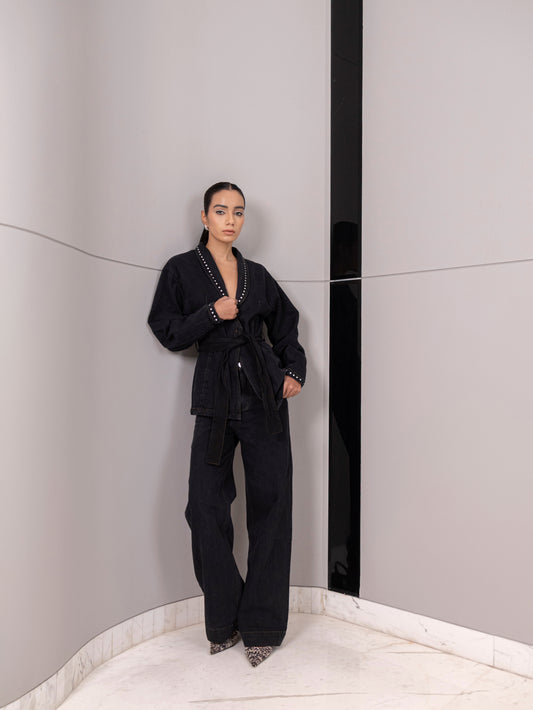 Obsidian Fur-Cuff Wrap Denim Co-Ord Set