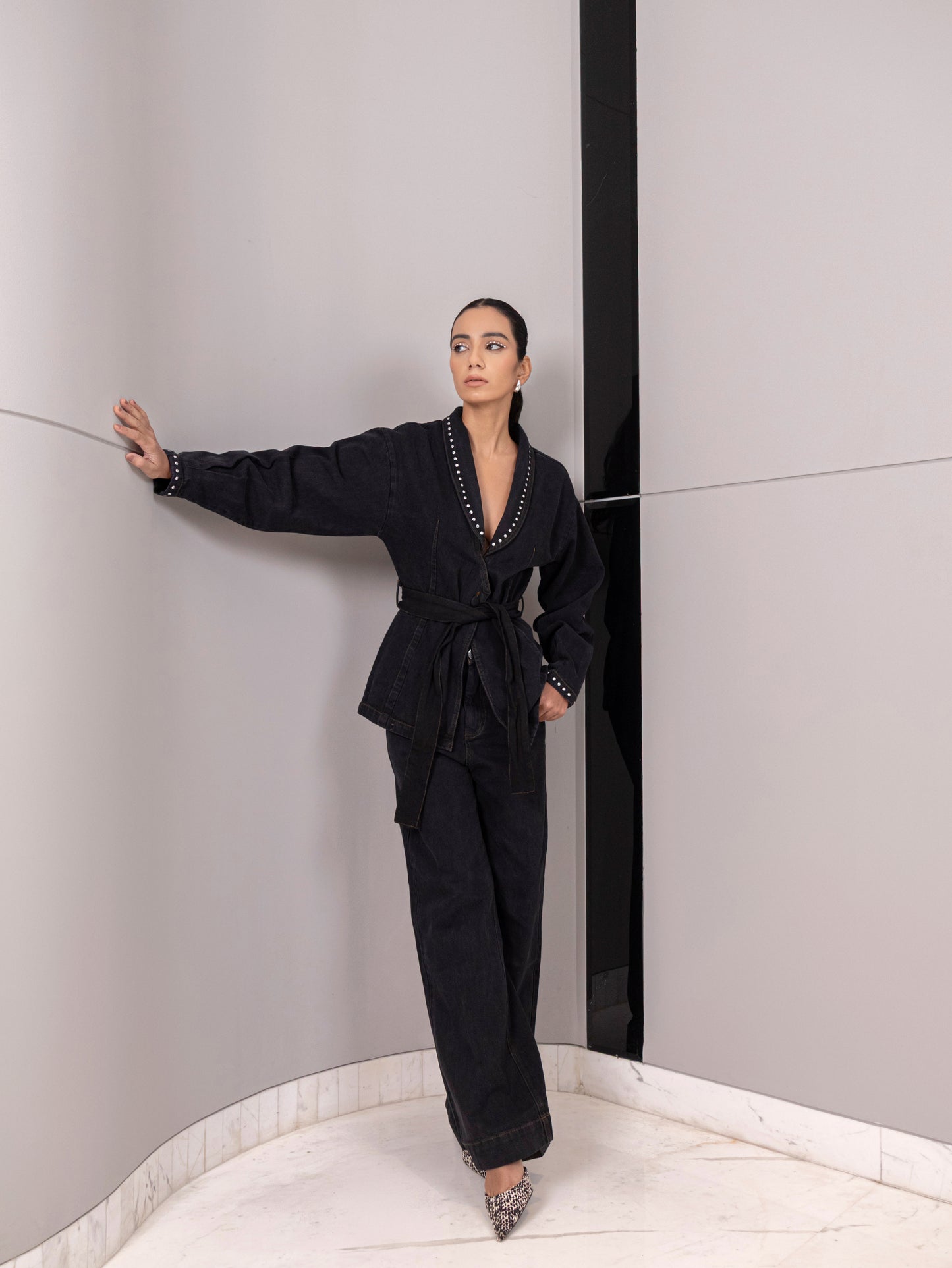 Obsidian Fur-Cuff Wrap Denim Co-Ord Set