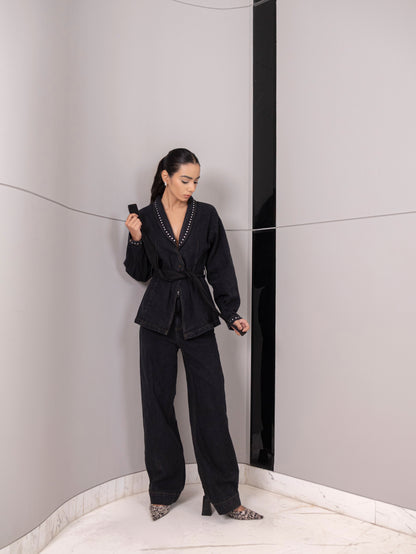 Obsidian Fur-Cuff Wrap Denim Co-Ord Set